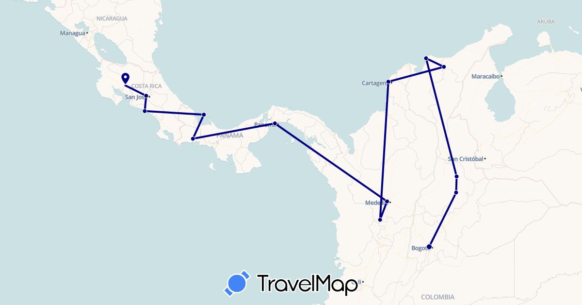 TravelMap itinerary: driving in Colombia, Costa Rica, Panama (North America, South America)